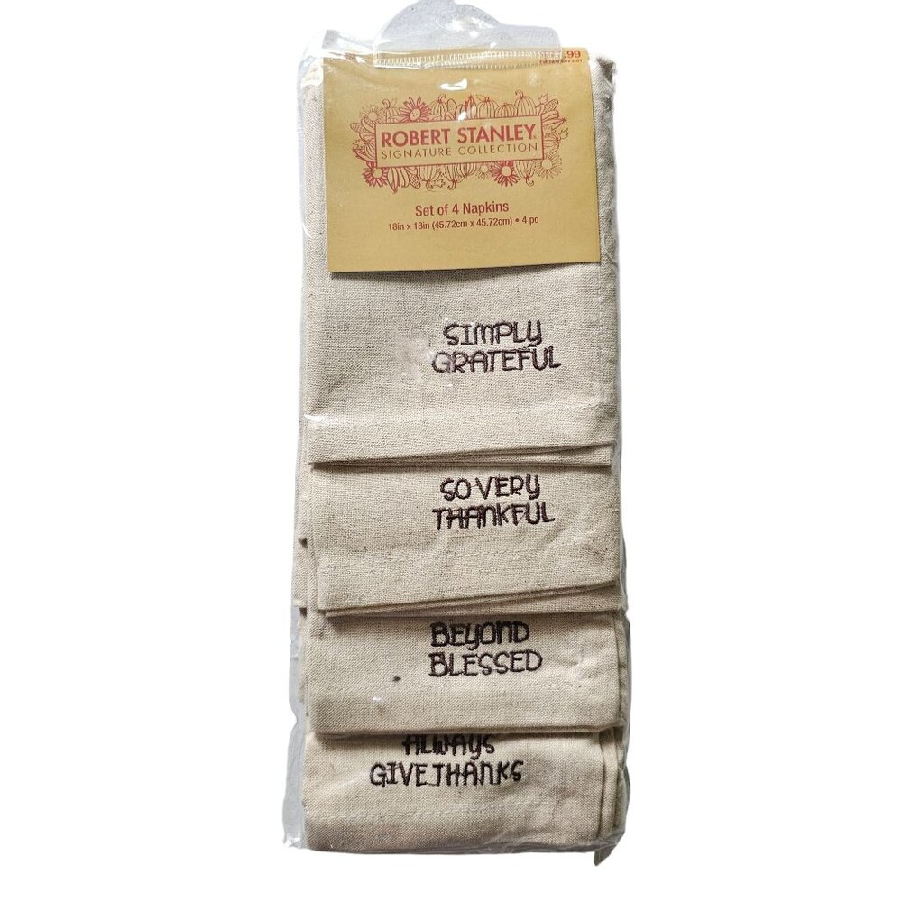 NWT Robert Stanley 4 Napkins Thankful Set Linen Blend